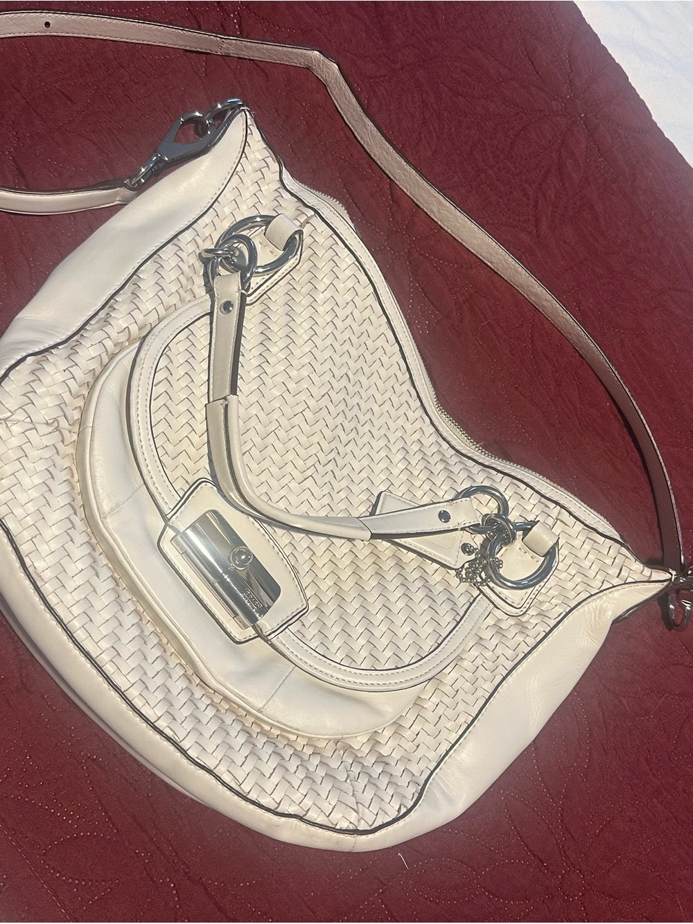 Coach Cream Woven Hobo Satchel with Silver Hardware